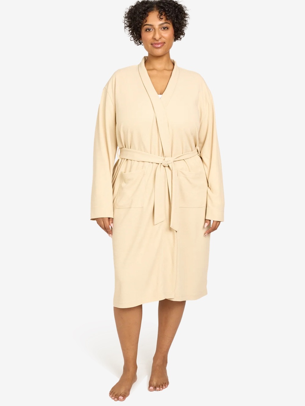 Waffle Knit Spa Robe Tan Plus Size Pockets Tie Belt Comfort Lightweight $78 MSRP